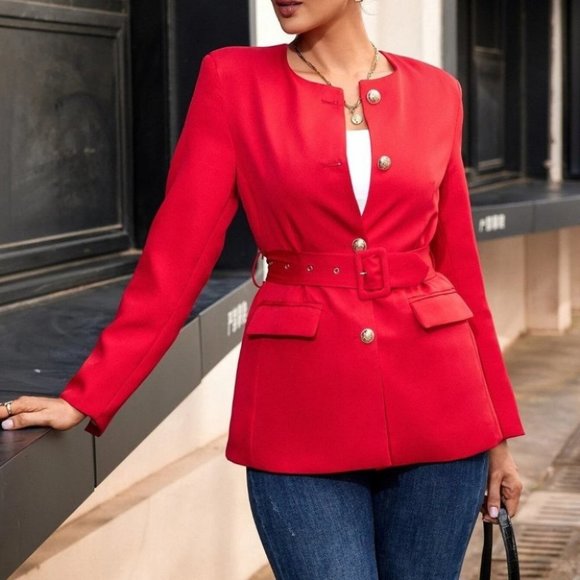 Private Label Jackets & Blazers - RED BELTED SINGLE BREASTED BLAZER CHIC CLASSY FALL WINTER